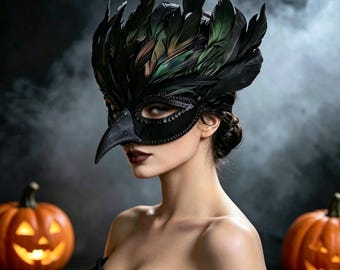 Halloween Raven Masquerade Mask, Black Feather Half Face Mask, Gothic Party Costume, Gift for Her, Wedding Gift, Elegant Cosplay Accessory