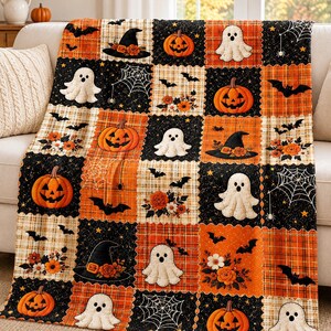 Halloween Ghost and Pumpkin Flannel Throw Blanket, Orange Patchwork Print