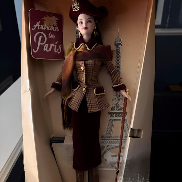 Vintage 1997 Autumn in Paris Barbie doll- City Seasons Collection- NRFB Attached to Insert (Damaged Box/ Missing Front Window)
