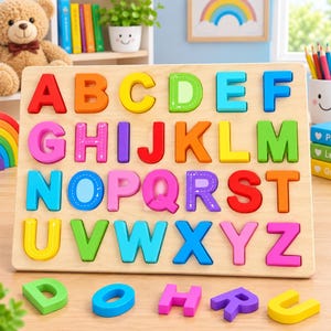 May include: A wooden alphabet puzzle board featuring colorful, chunky letters from A to Z. The board has recessed slots for each letter, with some letters showing dashed directional lines. Several loose letters are placed in front of the board.