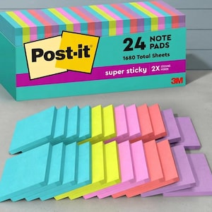 May include: A box of 24 Post-it note pads containing 1680 total sheets with super sticky 2x sticking power. The packaging is teal with a magenta stripe and yellow logo. Twenty-four square note pads in blue, yellow, pink, and purple are arranged.