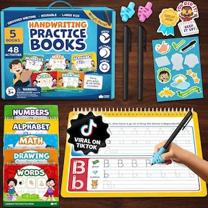 May include: A handwriting practice set including a blue storage box, five spiral-bound workbooks for numbers, math, alphabet, drawing, and words, two black pens, two silicone pen grips, and a sheet of stickers with various colorful illustrations.