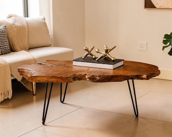 Handmade Teak Live Edge Coffee Table, Natural Wood Slab Table with Hairpin Legs