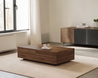 47–82" Extendable Walnut Coffee Table, Sliding Top with Hidden Storage, Modern Center Table