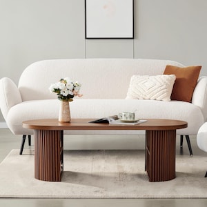 47" Fluted Walnut Oval Coffee Table, Mid-Century Modern Storage Living Room Table