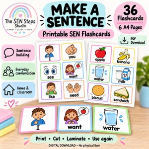 Puede incluir: Un conjunto de 36 tarjetas didácticas imprimibles para formar frases, con ilustraciones coloridas de personas, comida y bebida con etiquetas de texto. La descarga digital incluye seis páginas A4 para comunicación, hogar y aula.