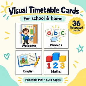 May include: A set of 36 visual timetable cards for school and home, presented as a printable PDF with 6 A4 pages. The cards feature colorful illustrations for Welcome, Phonics, English, and Maths, with clear text labels and a sun icon.