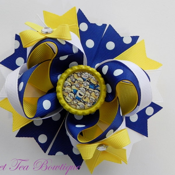 Despicable Me Minions Boutique Hair Bow - OTT over the top - Yellow, Blue, White - by Sweet Tea Bowtique