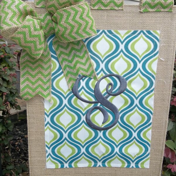 Embroidered Turquoise and Lime Green printed  duck and burlap Garden flag 12 x 18, personalized flag, yard decoration, housewarming gift