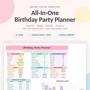 Peut inclure: Un planificateur de fête d'anniversaire numérique tout-en-un sous forme de feuille de calcul avec des sections pour les listes d'invités, les budgets, les listes de tâches et les achats. L'interface présente des tableaux colorés, des graphiques et des étiquettes.