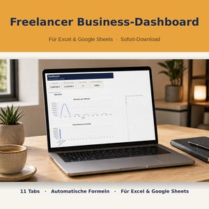 May include: A digital freelancer business dashboard template for Excel and Google Sheets displayed on a laptop screen. The interface features financial data, monthly revenue charts, and client income graphs with dark blue headers and white backgrounds.