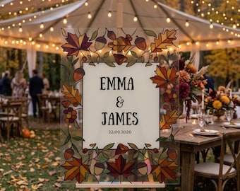 Editable Faux Stained Glass Wedding Sign | Autumn Leaves, Acorns, Berries (Digital Download)