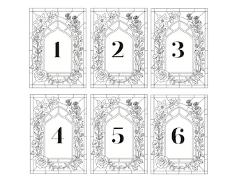 Editable Faux Stained Glass Table Numbers, Gothic Arch Floral Template (Digital Download)