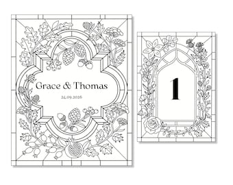 Woodland Gothic Faux Stained Glass Bundle, Welcome Sign Table Numbers, Editable Canva Printable