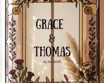 Editable Faux Stained Glass Wedding Sign, Boho Wildflower Thistle Mushroom (Digital Download)