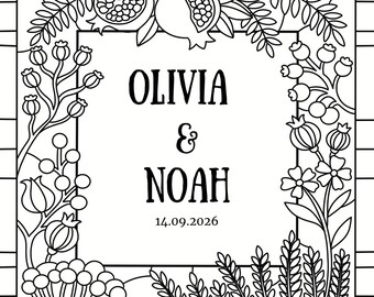 Editable Faux Stained Glass Pomegranate & Lavender Fall Wedding Welcome Sign Template (Canva)