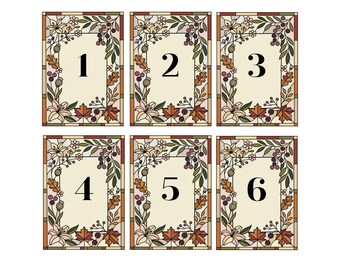Editable Faux Stained Glass Lily Table Numbers, Botanical Fall Wedding Decor (Canva Template)
