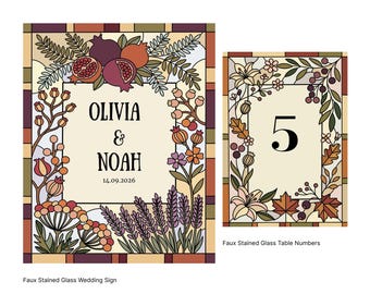 Faux Stained Glass Wedding Bundle, Pomegranate Lily Boho Harvest Sign & Table Numbers (Editable Canva)