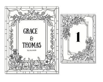 Wildflower Faux Stained Glass Wedding Bundle, Boho Welcome Sign Table Numbers, Editable Canva Printable