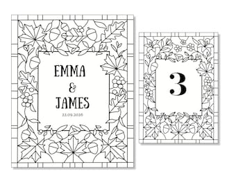 Editable Faux Stained Glass Autumn Wedding Sign & Table Number Bundle