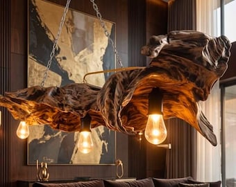 Unique Live Edge Fagraea Fragrans Wood Chandelier 110cm - Handmade Vietnamese Natural Wood Pendant Light - Rustic Farmhouse Dining Room Lamp