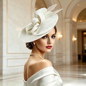 May include: A white wide-brimmed hat featuring a structured, spiraled design with layered fabric loops and two slender white feathers extending from the top. The hat is worn with a single-strand pearl necklace and a white off-the-shoulder garment.