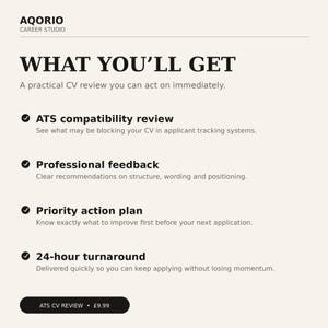 May include: A digital document from AQORIO CAREER STUDIO titled WHAT YOU'LL GET, listing services including an ATS compatibility review, professional feedback, a priority action plan, and a 24-hour turnaround for a CV review service.
