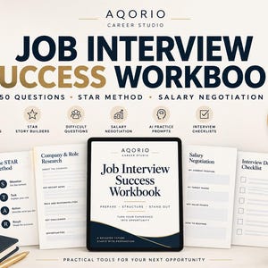 Puede incluir: Un libro de trabajo digital de éxito en entrevistas de trabajo de Aqorio Career Studio con 50 preguntas, el método STAR y guías de negociación salarial. La pantalla muestra varias páginas, incluyendo preguntas y listas de verificación.