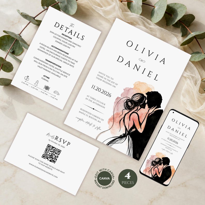 Wedding Photo Qr Code Example Watercolor Wedding Invitation Template, Elegant Couple Wedding Suite ...