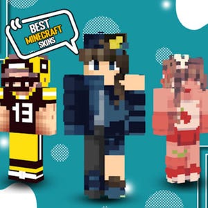 May include: Five pixelated Minecraft character skins displayed against a teal background. The characters feature varied outfits including an orange hoodie, a yellow and black sports jersey with the number 13, a dark blue jacket, a pink outfit, and a green ensemble. A speech bubble contains the text BEST MINECRAFT SKINS.