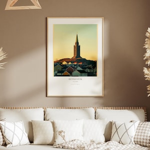 Reykjavik Island Poster, Hallgrimskirkja kyrkas väggkonst, Gyllene timmens silhuett fototryck