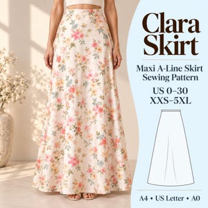 May include: A floor-length A-line skirt featuring a cream base with a floral pattern of pink, yellow, and blue flowers. Text reads: Clara Skirt, Maxi A-Line Skirt Sewing Pattern, US 0-30, XXS-5XL, A4, US Letter, A0. Includes a line drawing of the skirt.