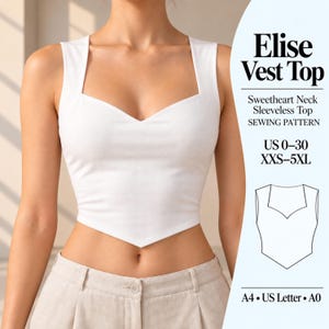 Könnte beinhalten: Ein weißes ärmelloses Oberteil mit herzförmigem Ausschnitt und spitzem Saum. Der Text lautet Elise Vest Top, Sweetheart Neck Sleeveless Top SEWING PATTERN, US 0-30, XXS-5XL, A4, US Letter, A0. Enthält eine Strichzeichnung des Oberteils.