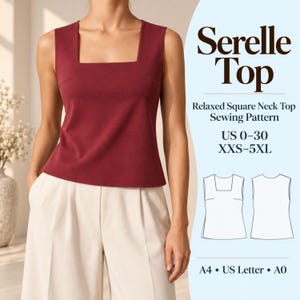 Może przedstawiać: Bezrękawnik w kolorze bordowym z kwadratowym dekoltem i luźnym krojem. Tekst głosi Serelle Top, Relaxed Square Neck Top Sewing Pattern, US 0-30, XXS-5XL, A4, US Letter, A0, z rysunkiem technicznym przedstawiającym przód i tył ubrania.
