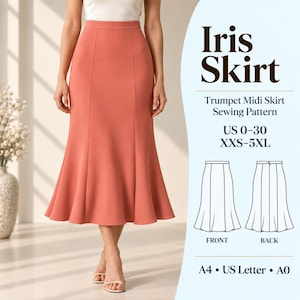 May include: A coral-coloured trumpet midi skirt with a high waist and flared hem. The text reads Iris Skirt, Trumpet Midi Skirt Sewing Pattern, US 0-30, XXS-5XL, A4, US Letter, A0. Includes line drawings of the front and back of the skirt design.