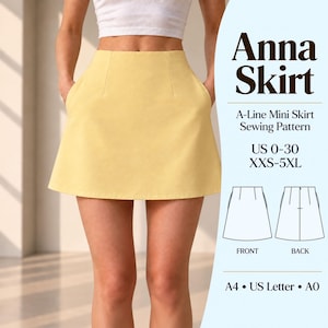 Può includere: Una minigonna a trapezio giallo pallido con tasche laterali. Il testo recita Anna Skirt, A-Line Mini Skirt Sewing Pattern, US 0-30, XXS-5XL, A4, US Letter, A0. Include disegni al tratto del davanti e del dietro del cartamodello.