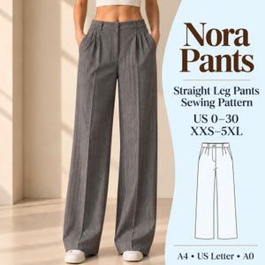 Op de afbeelding: Grijze broek met rechte pijpen, hoge taille, plooien aan de voorzijde en zijzakken. De tekst luidt Nora Pants, Straight Leg Pants Sewing Pattern, US 0-30, XXS-5XL, A4, US Letter, A0. Een lijntekening van de broek staat aan de rechterkant.