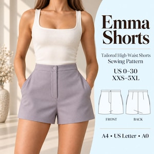 May include: Emma Shorts tailored high-waist shorts sewing pattern in sizes US 0-30 and XXS-5XL. The image displays a white ribbed tank top and lavender high-waist shorts with a button closure, plus a technical line drawing of the front and back.