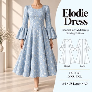 May include: A light blue midi dress with a white floral pattern, featuring a scoop neckline and long bell sleeves. The text reads Elodie Dress, Fit and Flare Midi Dress Sewing Pattern, US 0-30, XXS-5XL, A4, US Letter, A0, with front and back line drawings.