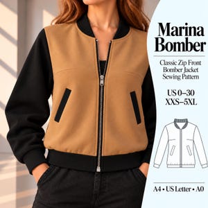 May include: A tan and black bomber jacket with a front zipper, ribbed collar, cuffs, and hem, and two side pockets. Text reads: Marina Bomber, Classic Zip Front Bomber Jacket Sewing Pattern, US 0-30, XXS-5XL, A4, US Letter, A0.