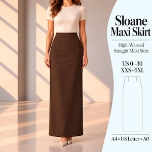 May include: A high-waisted, dark brown maxi skirt with a straight silhouette. The text on the right reads Sloane Maxi Skirt, High-Waisted Straight Maxi Skirt, US 0-30, XXS-5XL, and A4, US Letter, A0, accompanied by a line drawing of the skirt.