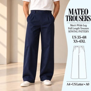 Könnte beinhalten: Dunkelblaue Hose mit weitem Bein, Vorderfalten, Bund und Knopfverschluss. Text: MATEO TROUSERS, Wide Leg Full Length Trousers SEWING PATTERN, US 35-68, XS-6XL, A4, US Letter, A0. Enthält eine technische Strichzeichnung der Hose.