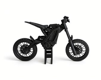 Mini elektrische crossmotor, 3D-geprint model, zwarte Surron-stijl, werkende vering, verwijderbare accu