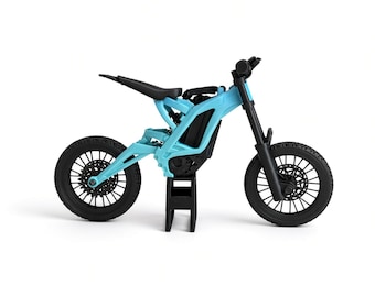 Mini-Elektro-Dirtbike, 3D-gedrucktes Modell, blauer Surron-Stil, funktionierende Federung, herausnehmbarer Akku