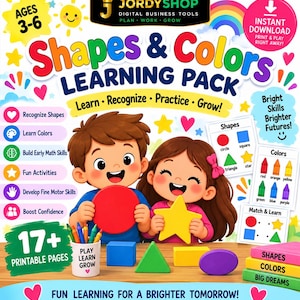 Può includere: Un pacchetto di apprendimento digitale intitolato Shapes & Colors Learning Pack con illustrazioni di due bambini che tengono un cerchio rosso e una stella gialla. La grafica include testo, forme colorate e icone educative per bambini dai 3 ai 6 anni.