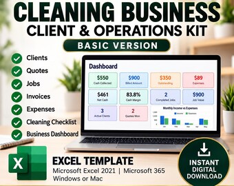 May include: A digital cleaning business client and operations kit Excel template by Nubara. The graphic displays a laptop screen showing a financial dashboard with metrics like cash collected, billed amount, and expenses, plus a bar chart.