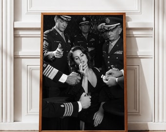 Black and White Glamour Art Print, Vintage Hollywood Woman Poster, Cinematic Military Scene, Noir Wall Decor, Retro Photography Gift