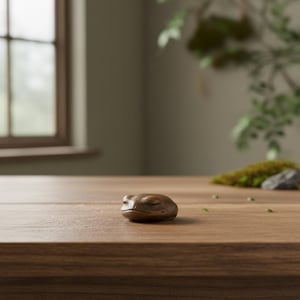 Op de afbeelding: Een klein, glad, donkerbruin keramieken kikkerbeeldje met gesloten ogen en een neutrale uitdrukking, rustend in een lage, afgeronde vorm. Het object heeft een matte afwerking en eenvoudige contouren die de kop en het lichaam definiëren.