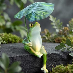 Può includere: Una statuetta di rana verde seduta in posizione eretta con la pancia chiara e grandi occhi, che tiene una grande foglia verde scuro sopra la testa come un ombrello. La rana è posizionata su una superficie di pietra scura e ruvida.