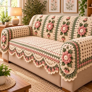 May include: A cream-colored crochet sofa cover featuring vertical stripes of green and pink floral motifs. The cover has a scalloped edge with small pink flower accents and a diamond-patterned texture that drapes over the arms and seat.